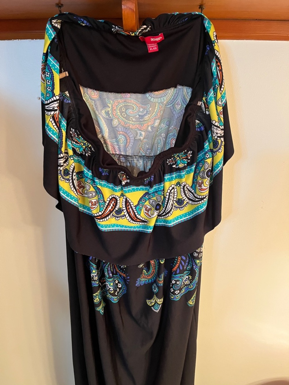 BONGO Strapless Black Maxi Dress with Teal & Yellow Paisley Border
